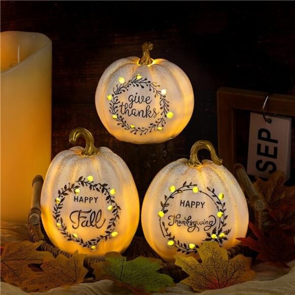 3 Pack Happy Fall White Pumpkin Light Tabletop Decor Set Pumpkin Resin with LED - Picture 6 of 7
